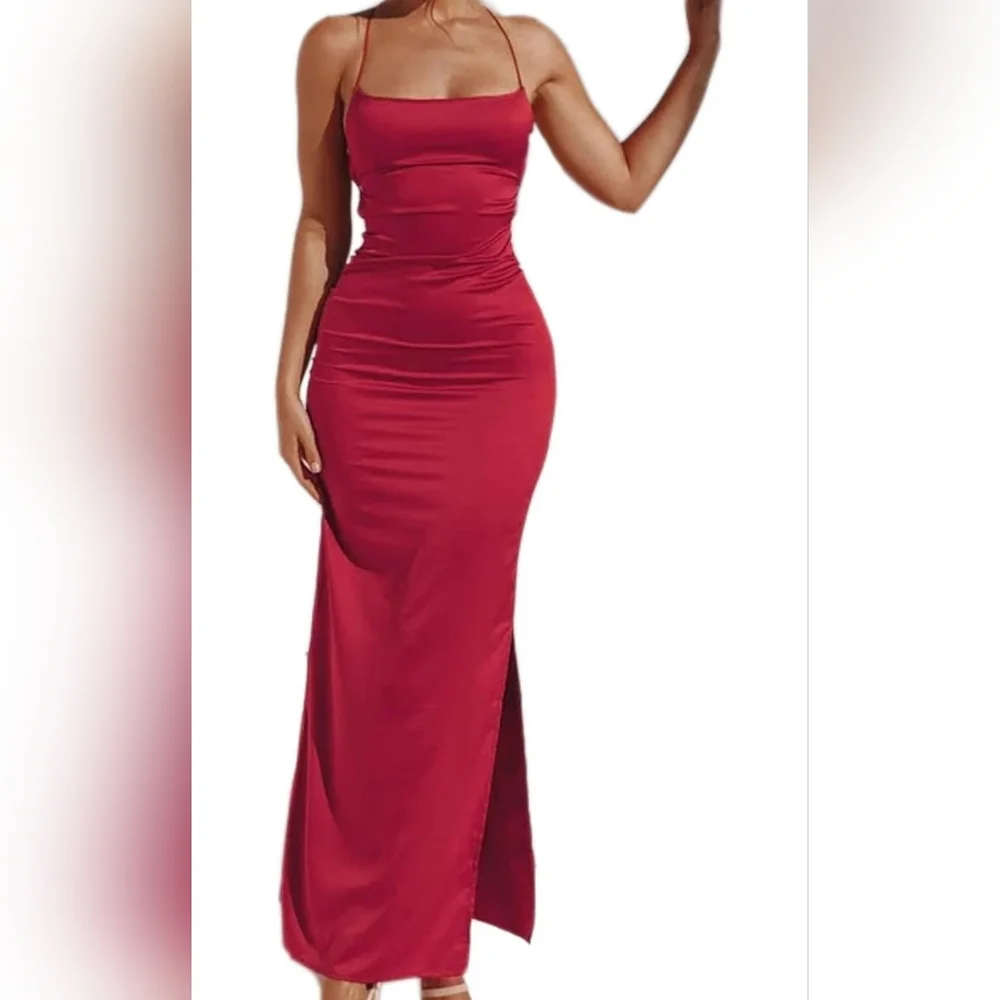 Just Quella Women's Strappy Backless Evening Party Maxi Dress with Slit - Picture 1 of 5